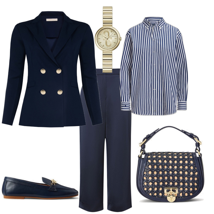 Outfit donna - Trendy eleganza per tutti i giorni. Stile Trendy per Tutti i giorni. Abbinamento con orologi, blazer, camicie, mocassini, borse a tracolla, pantaloni.