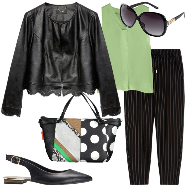 Outfit donna - Serata fresca. Stile Casual chic per Serata fuori. Abbinamento con ballerine, occhiali da sole, blazer, pantaloni, top, borse a spalla.