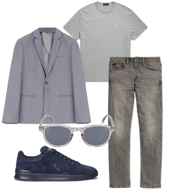 Outfit uomo - Grigi in armonia. Stile Trendy per Tutti i giorni. Abbinamento con giacche, t-shirt, sneakers, jeans, occhiali da sole.