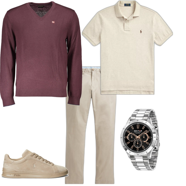 Outfit uomo - Trendy per l ufficio. Stile Trendy per Ufficio. Abbinamento con orologi, pantaloni, sneakers, polo, maglieria.