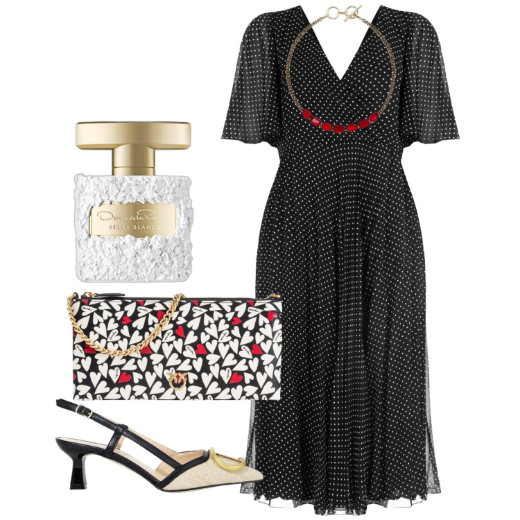 Outfit donna - Pois chic. Stile Chic per Serata fuori. Abbinamento con profumi, borse a tracolla, vestiti midi/longuette, sandali in pelle, collane.