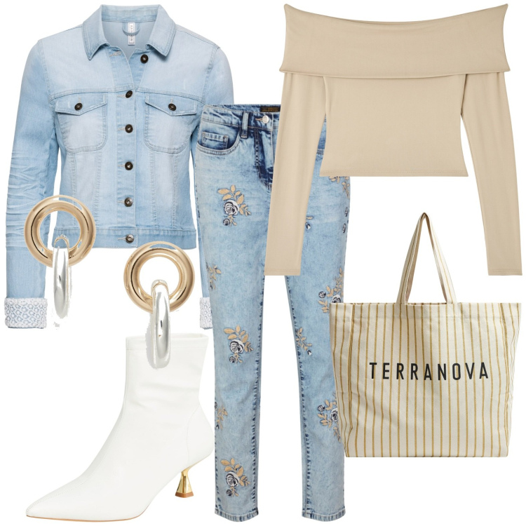 Outfit donna - Jeans. Stile Casual per Tutti i giorni. Abbinamento con blazer, jeans, t-shirt, stivaletti, borse tote, orecchini.
