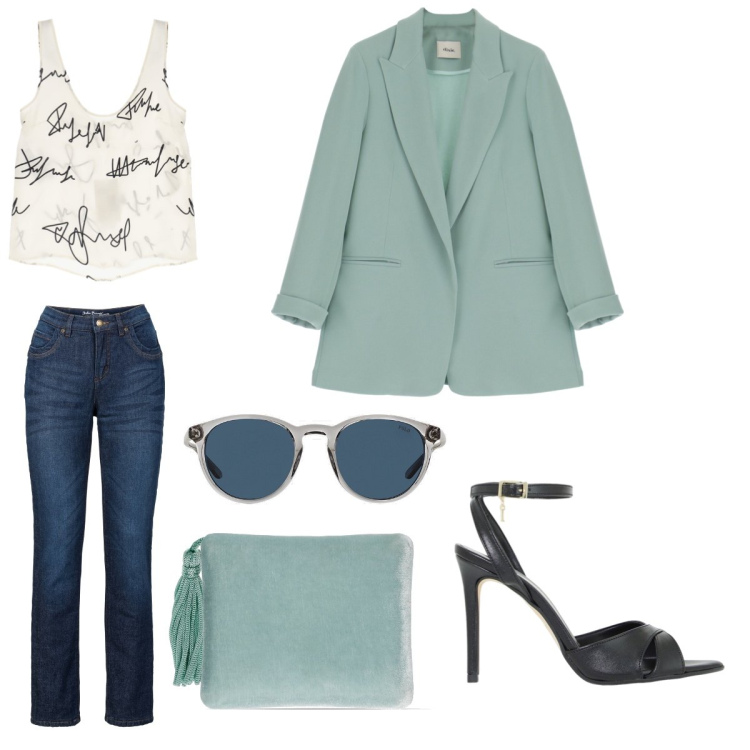 Outfit donna - Aperitivo in centro. Stile Casual chic per Serata fuori. Abbinamento con jeans dritti, top, décolleté, blazer, occhiali da sole, pochette.