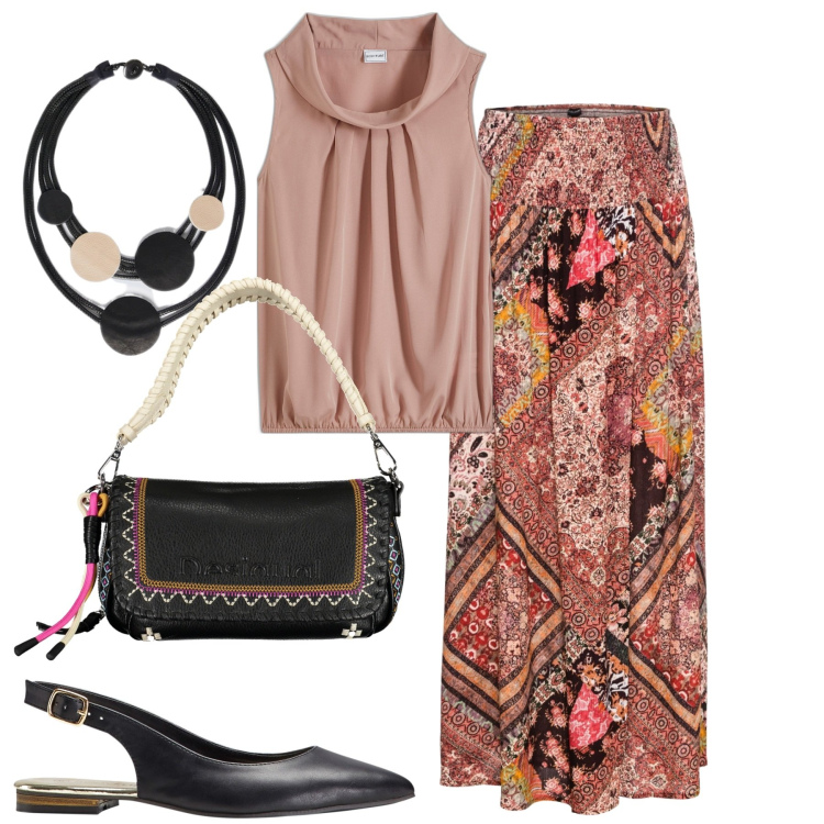 Outfit donna - La gonna fantasia. Stile Urban per Tutti i giorni. Abbinamento con top, gonne, ballerine, collane, borse a spalla.