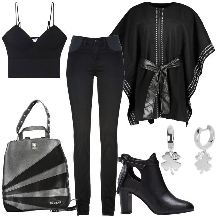 Outfit donna - Total black. Stile Casual chic per Serata fuori. Abbinamento con jeans skinny, stivaletti, top, orecchini, cappotti, zaini.