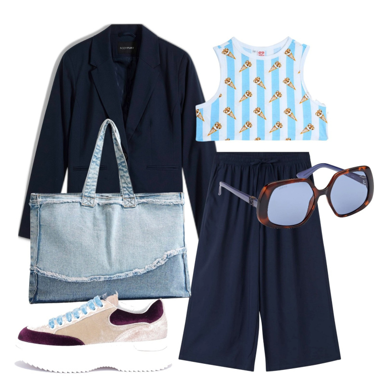 Outfit donna - Ghost outfitter - aprile. Stile Urban per Tutti i giorni. Abbinamento con blazer, pantaloni a palazzo, shopping bag, canottiere, sneakers, occhiali da sole.