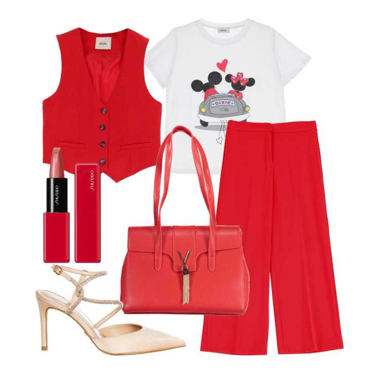 Outfit donna - Ghost outfitter - aprile. Stile Trendy per Tutti i giorni. Abbinamento con rossetti, décolleté, t-shirt, pantaloni, gilet, borse a spalla.