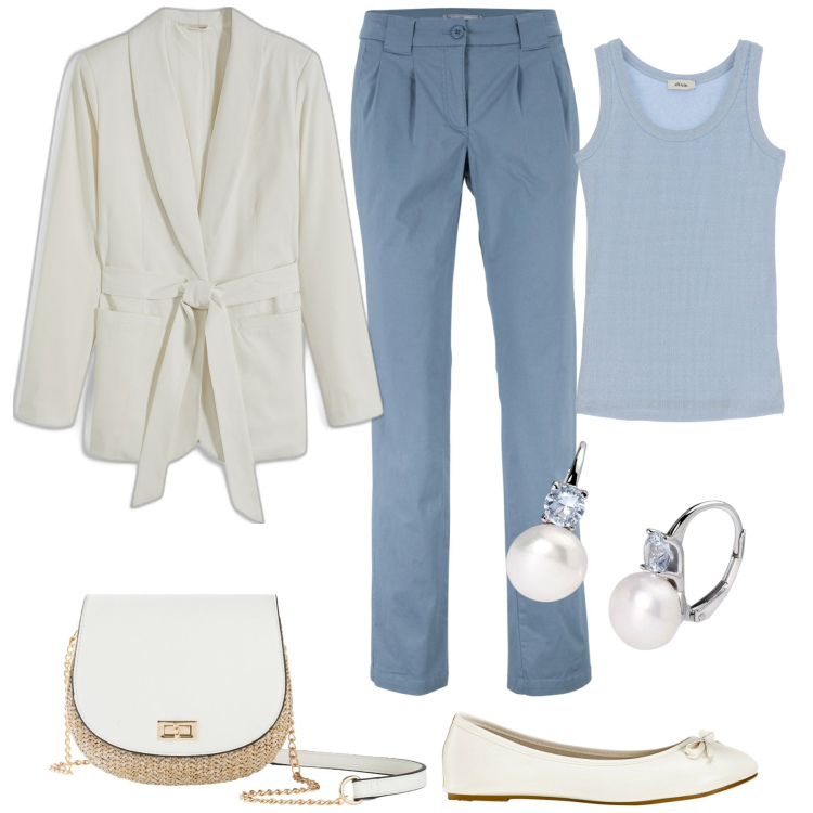 Outfit donna - Al battesimo di Riccardo. Stile Chic per Cerimonia. Abbinamento con pantaloni chino, borse a tracolla, ballerine, blazer, orecchini, top.