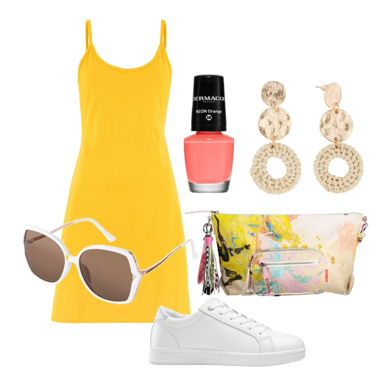 Outfit donna - Ghost outfitter - aprile. Stile Basic per Tutti i giorni. Abbinamento con sneakers, orecchini, vestito corto, occhiali da sole, smalti, borse a tracolla.