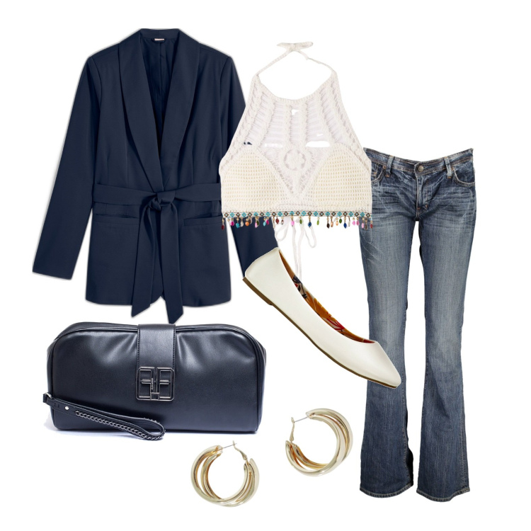 Outfit donna - Ghost outfitter - aprile. Stile Trendy per Tutti i giorni. Abbinamento con ballerine, blazer, top, pochette, orecchini, jeans.