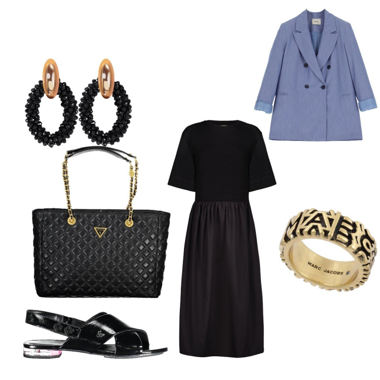 Outfit donna - Good evening. Stile Casual chic per Ufficio. Abbinamento con orecchini, blazer, sandali col tacco, borse a spalla, vestiti midi/longuette, anelli.