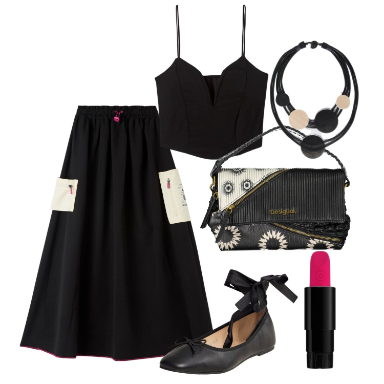 Outfit donna - Ghost outfitter - aprile. Stile Trendy per Tutti i giorni. Abbinamento con rossetti, gonne lunghe, ballerine, top, borse a spalla, collane.