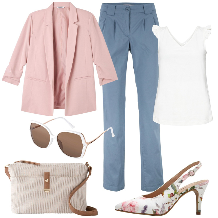 Outfit donna - In città. Stile Casual chic per Tutti i giorni. Abbinamento con pantaloni chino, top, décolleté, borse a tracolla, occhiali da sole, blazer.