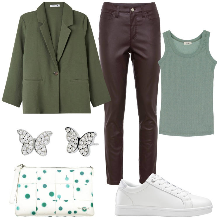 Outfit donna - Per tutti i giorni. Stile Casual chic per Tutti i giorni. Abbinamento con sneakers, pantaloni skinny, blazer, orecchini, top, borse a spalla.