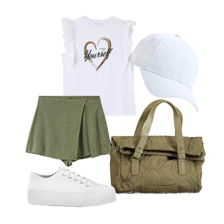 Outfit donna - Ghost outfitter - aprile. Stile Sporty chic per Tutti i giorni. Abbinamento con sneakers, cappelli, gonne, t-shirt, borse a spalla.