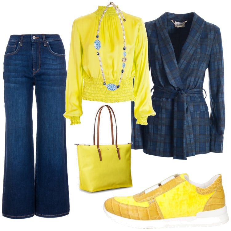 Outfit donna - Comoda in ufficio. Stile 70s per Ufficio. Abbinamento con sneakers, ciondoli, bluse, blazer, jeans, borse tote.