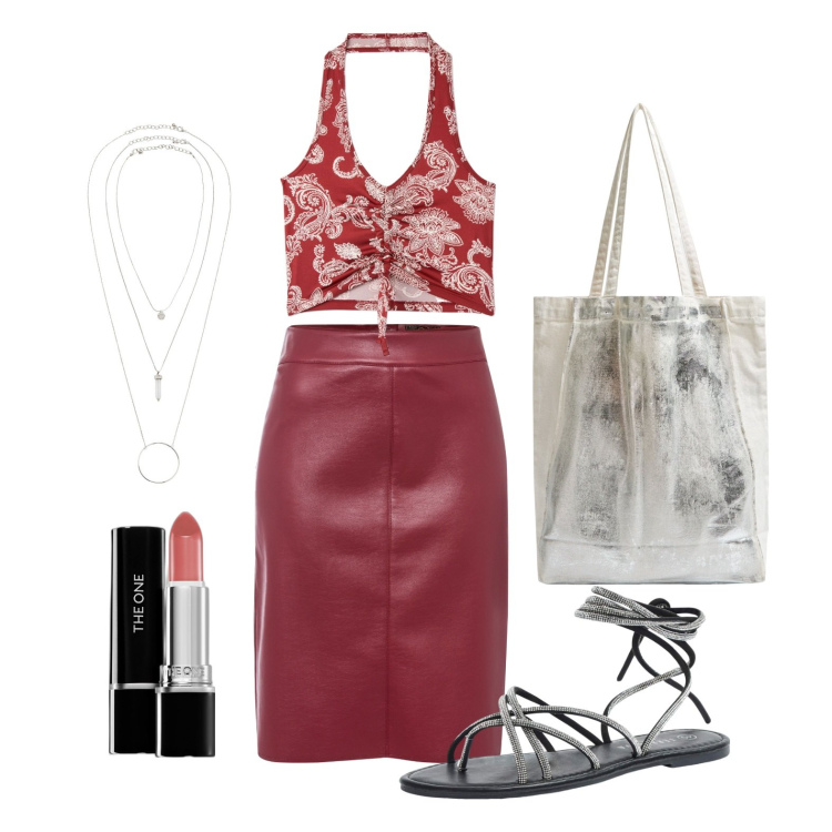 Outfit donna - Ghost outfitter - aprile. Stile Trendy per Tutti i giorni. Abbinamento con ciondoli, gonne longuette, rossetti, sandali alla schiava, top, shopping bag.
