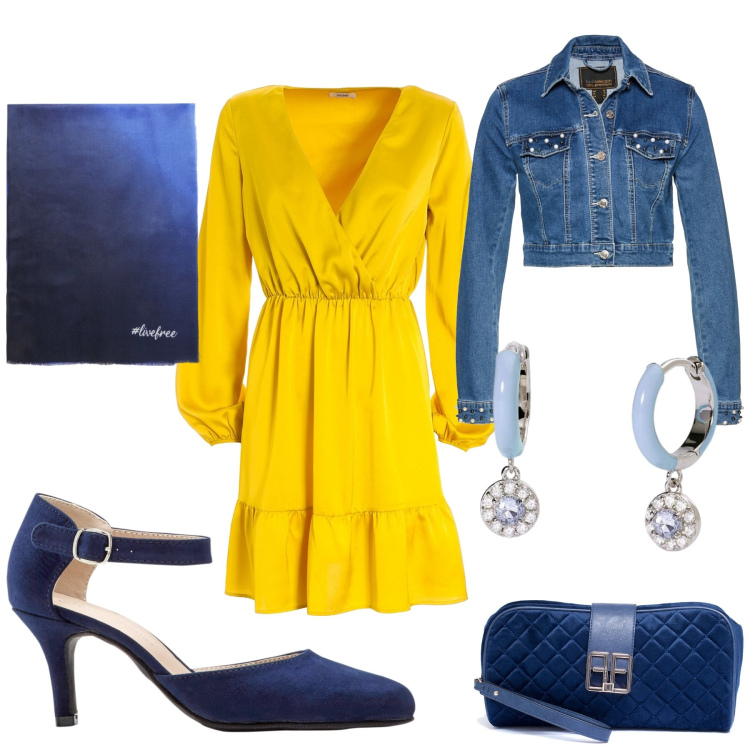 Outfit donna - Aspettando il caldo. Stile Romantica per Tutti i giorni. Abbinamento con décolleté, blazer, orecchini, vestiti, pochette, sciarpe.