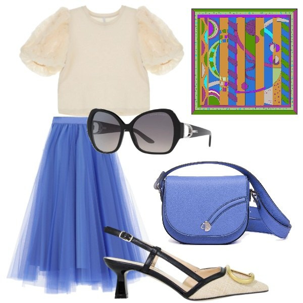 Outfit donna - Imperial look glamour. Stile Glamour per Cerimonia. Abbinamento con t-shirt, gonne longuette, sandali in pelle, occhiali da sole, foulard, borse a tracolla.