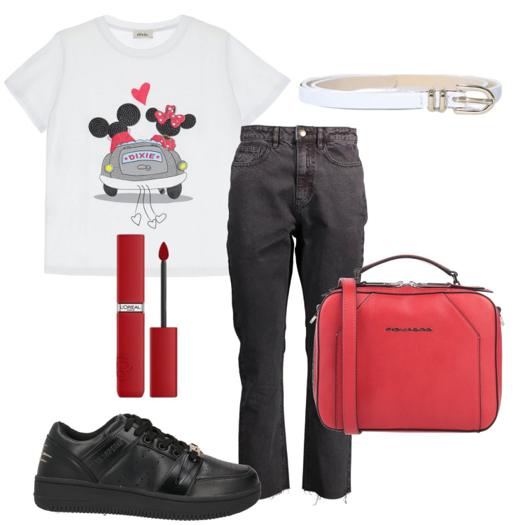 Outfit donna - In giro. Stile Casual per Tutti i giorni. Abbinamento con borse a tracolla, sneakers, rossetti, cinture, t-shirt, jeans.