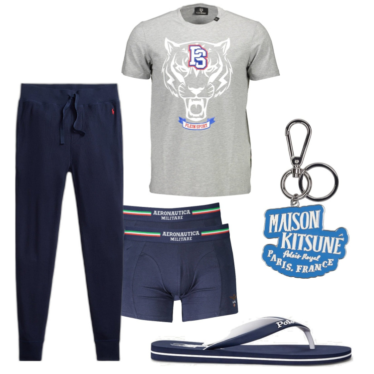 Outfit uomo - Casa. Stile Casual per Tutti i giorni. Abbinamento con pantaloni, sandali, portachiavi, boxer, t-shirt.