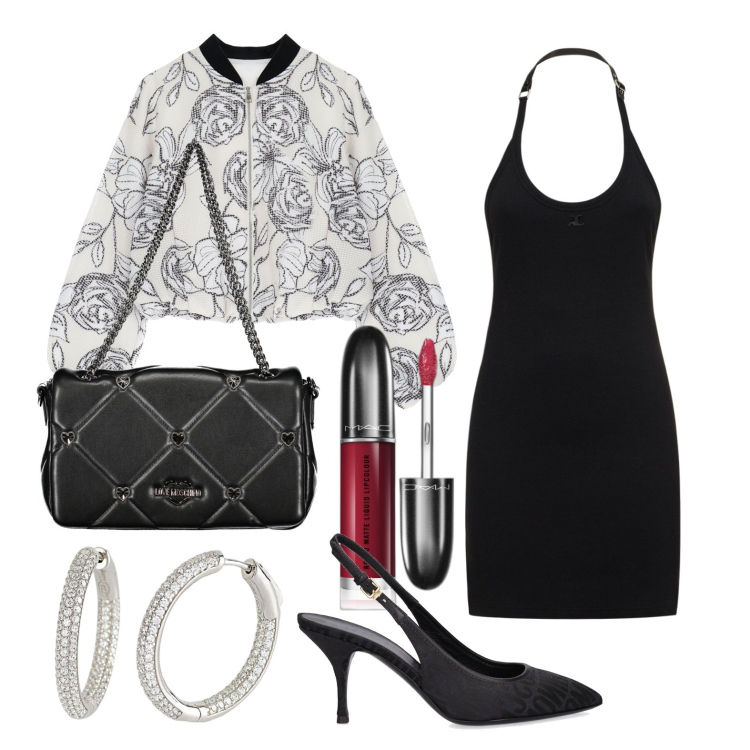 Outfit donna - Ghost outfitter - aprile. Stile Glamour per Serata fuori. Abbinamento con rossetti, orecchini, blazer, vestiti, borse a tracolla, décolleté.