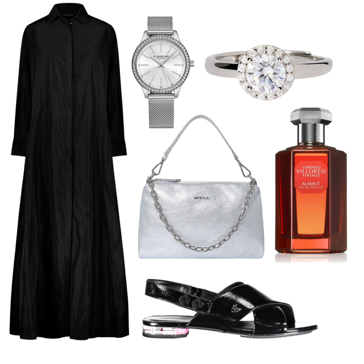Outfit donna - Una serata formale. Stile Bon Ton per Serata fuori. Abbinamento con orologi, profumi, anelli, pochette, vestiti, sandali col tacco.