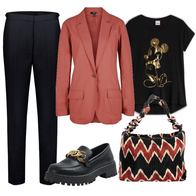 Outfit donna - Total look #1859956. Stile Minimal per Ufficio. Abbinamento con t-shirt, blazer, mocassini, pantaloni, borse a spalla.