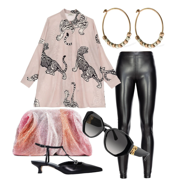 Outfit donna - Ghost outfitter - aprile. Stile Trendy per Tutti i giorni. Abbinamento con leggings, sandali col tacco, camicie, occhiali da sole, orecchini, pochette.