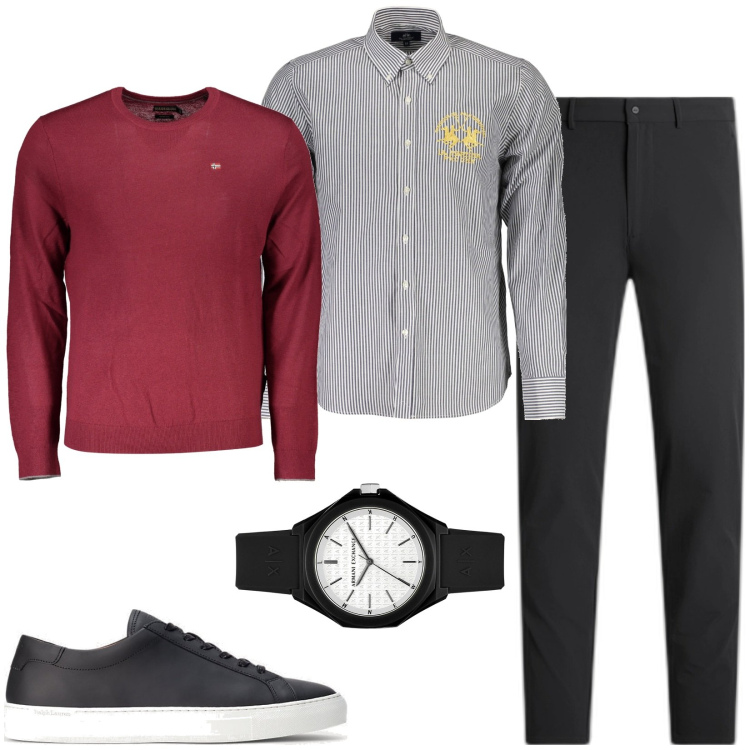 Outfit uomo - Orologio Armani Exchange. Stile Business/Elegante per Ufficio. Abbinamento con orologi, sneakers, pantaloni, maglieria, camicie.