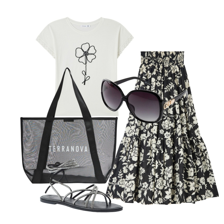 Outfit donna - Ghost outfitter - aprile. Stile Trendy per Tutti i giorni. Abbinamento con occhiali da sole, gonne lunghe, sandali alla schiava, t-shirt, shopping bag.