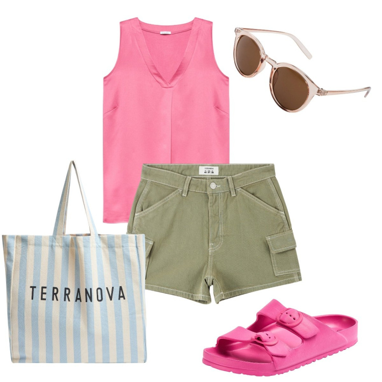 Outfit donna - Gli shorts cargo. Stile Basic per Mare. Abbinamento con occhiali da sole, pantaloni corti, sandali in pelle, borse tote, top.