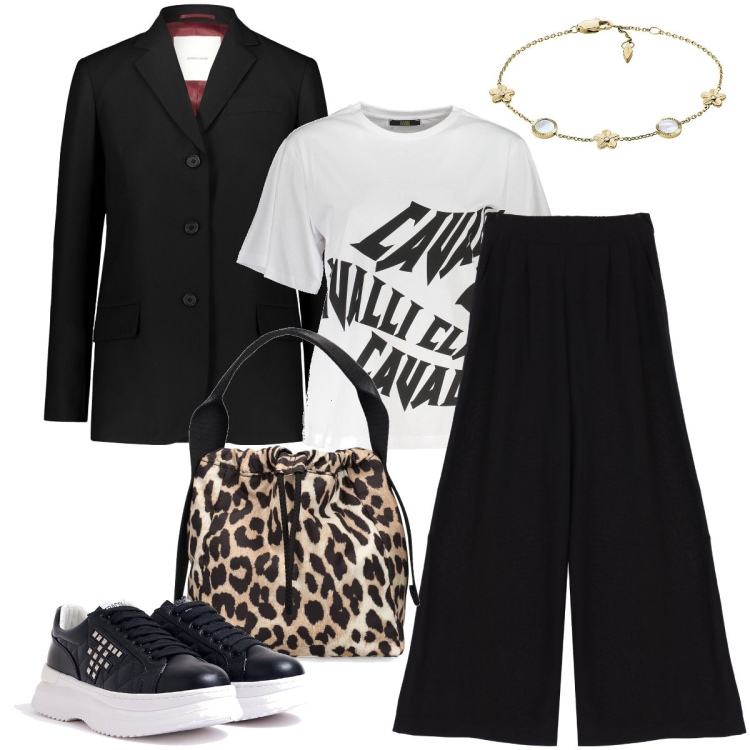 Outfit donna - Serata informale. Stile Trendy per Serata fuori. Abbinamento con braccialetti, sneakers, pantaloni a palazzo, blazer, t-shirt, borse a mano.