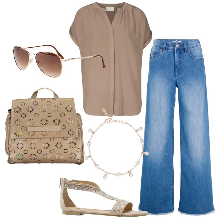 Outfit donna - Metropolitano comodo. Stile Casual chic per Tutti i giorni. Abbinamento con jeans, occhiali da sole, camicie, sandali, braccialetti, zaini.