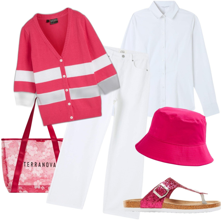 Outfit donna - Colori solari. Stile Casual per Tutti i giorni. Abbinamento con cardigans, infradito, shopping bag, cappelli, pantaloni, camicie.