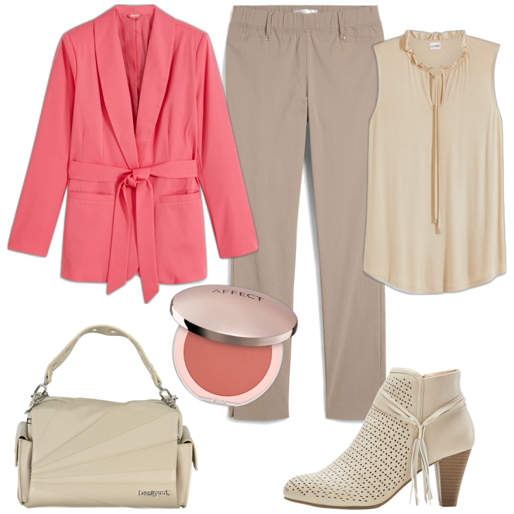 Outfit donna - Per tutti i giorni. Stile Casual chic per Tutti i giorni. Abbinamento con pantaloni, top, stivaletti, blazer, blush, borse a spalla.