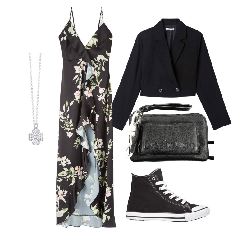 Outfit donna - Ghost outfitter - aprile. Stile Trendy per Serata fuori. Abbinamento con sneakers alte, vestiti lunghi, blazer, collane, borse a tracolla.