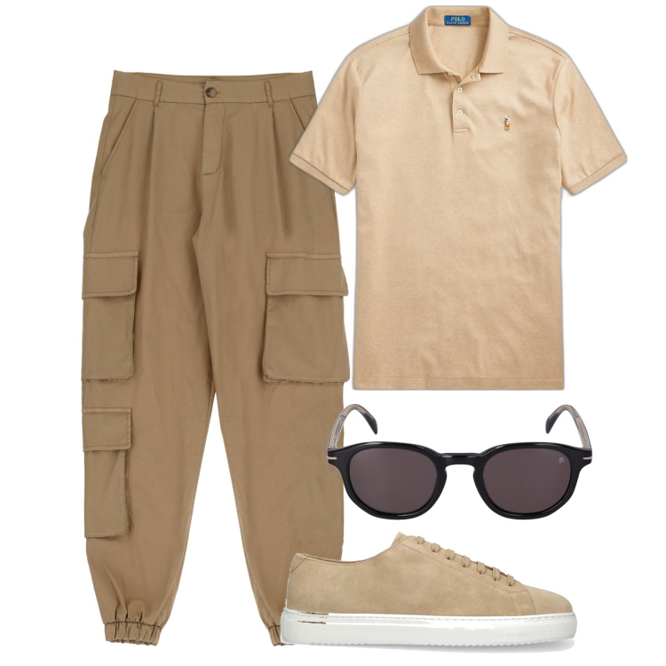 Outfit uomo - Simpatico in cargo. Stile Urban per Tutti i giorni. Abbinamento con pantaloni cargo, polo, sneakers, occhiali da sole.