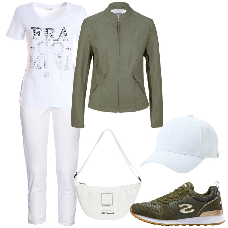 Outfit donna - Passeggiata sul lago. Stile Casual per Tutti i giorni. look ideale per Petite. Abbinamento con sneakers, jeans, giacche sportive, cappelli, marsupi, t-shirt.