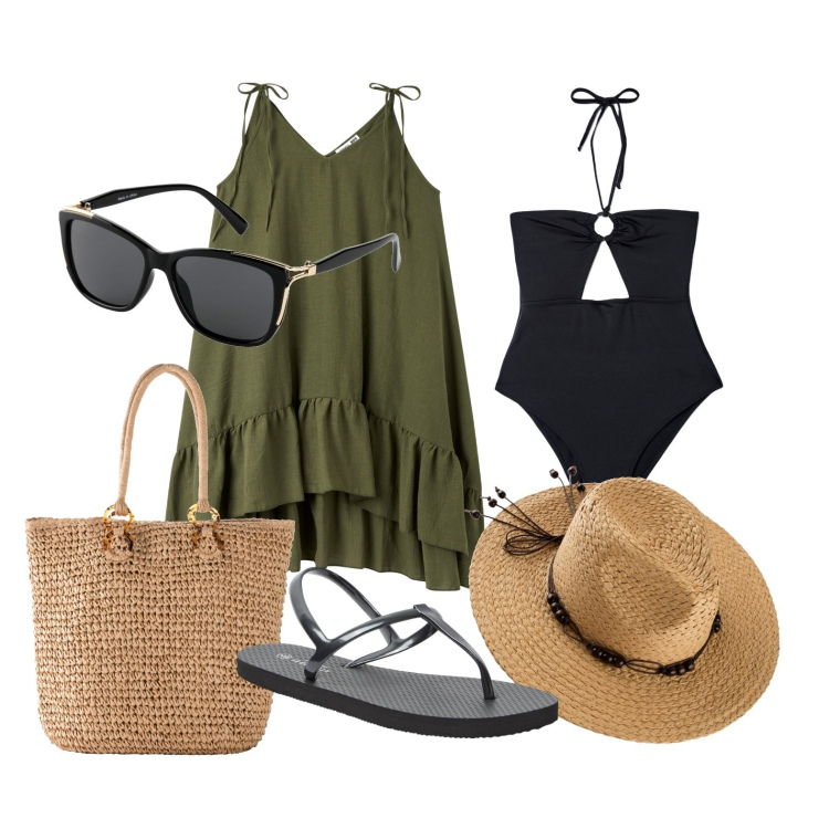 Outfit donna - Ghost outfitter - aprile. Stile Trendy per Mare. Abbinamento con shopping bag, cappelli, occhiali da sole, sandali, vestiti lunghi, costumi interi.