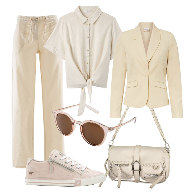 Outfit donna - Curvy down town. Stile Casual per Tutti i giorni. Abbinamento con blazer, occhiali da sole, pantaloni a palazzo, sneakers, camicie, borse a spalla.