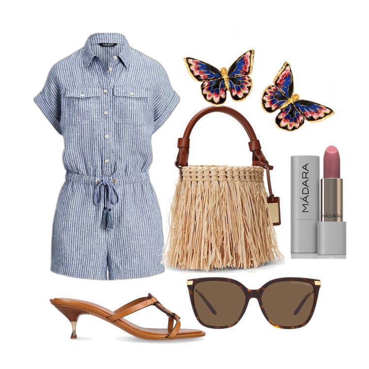 Outfit donna - Ghost outfitter - aprile. Stile Casual chic per Tutti i giorni. Abbinamento con orecchini, rossetti, occhiali da sole, borse a secchiello, vestiti, pantofole.