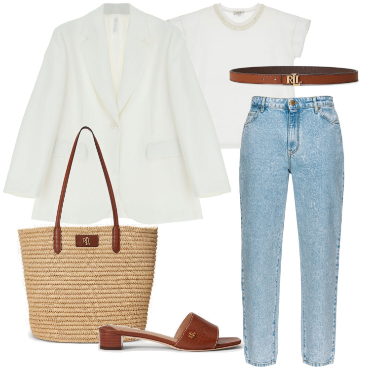 Outfit donna - In città. Stile Casual chic per Tutti i giorni. Abbinamento con jeans, blazer, t-shirt, cinture, borse tote, sandali in pelle.
