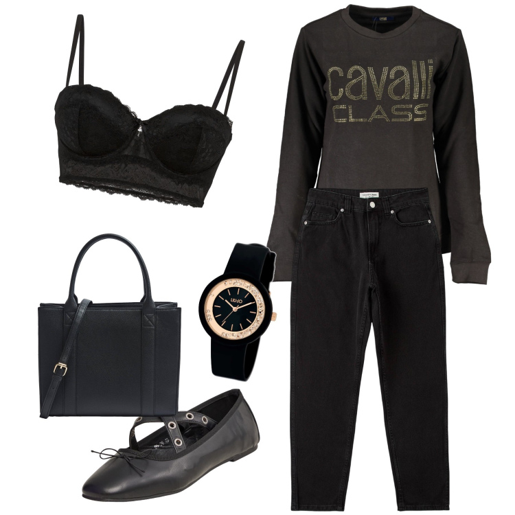 Outfit donna - Passeggiata del sabato. Stile Basic per Tutti i giorni. Abbinamento con reggiseni a balconcino, orologi, ballerine, jeans mom, shopping bag, felpe.