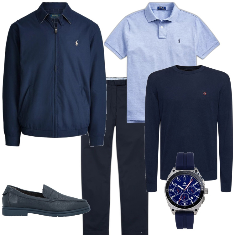 Outfit uomo - In ufficio trendy blu azzurro. Stile Trendy per Ufficio. Abbinamento con scarpe stringate, orologi, polo, pantaloni chino, giacche, pullovers.