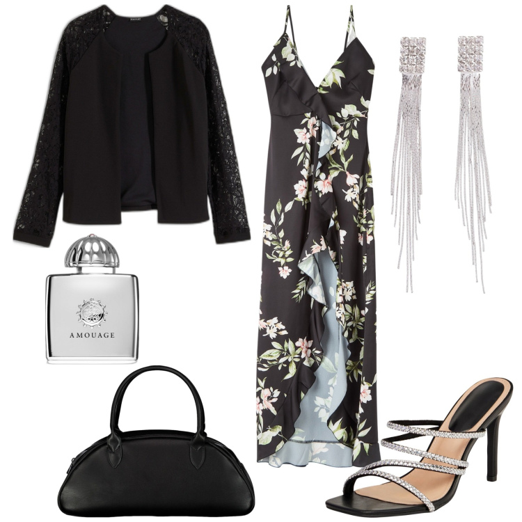 Outfit donna - Serata danzante. Stile Sexy per Serata fuori. Abbinamento con blazer, orecchini, profumi, vestiti lunghi, sandali col tacco, borse a spalla.
