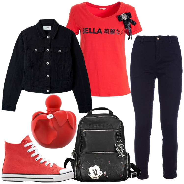 Outfit donna - Rosso intenso e nero notte. Stile Casual per Tutti i giorni. Abbinamento con sneakers alte, profumi, blazer, t-shirt, pantaloni, zaini.