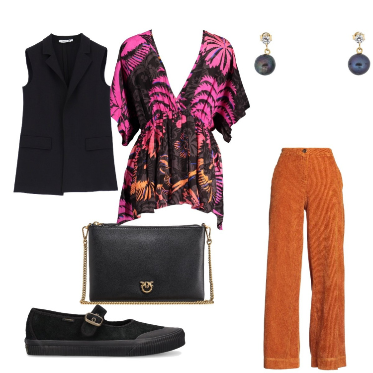Outfit donna - Friend. Stile Casual per Tutti i giorni. Abbinamento con orecchini, pantaloni, borse a tracolla, gilet, vestiti corti, sneakers.