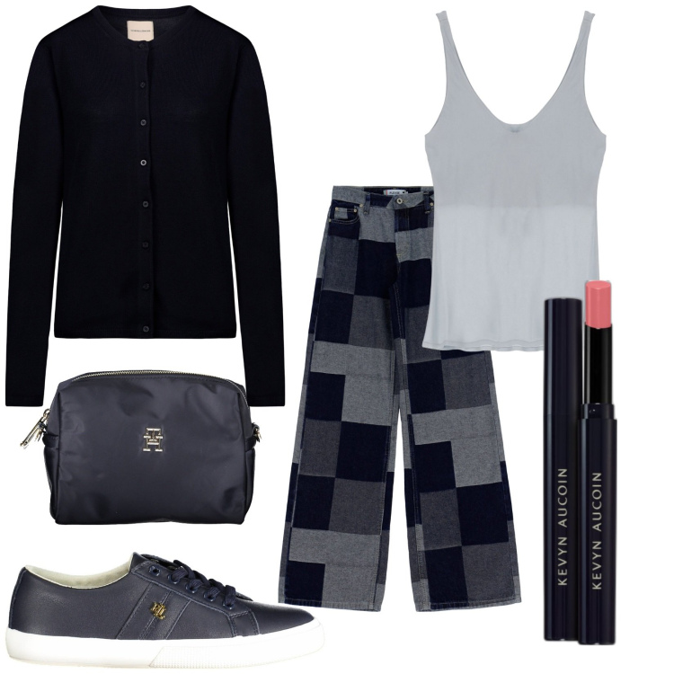 Outfit donna - Total look #1860134. Stile Casual chic per Tutti i giorni. Abbinamento con rossetti, pantaloni, canottiere, borse a tracolla, cardigans, scarpe sportive.