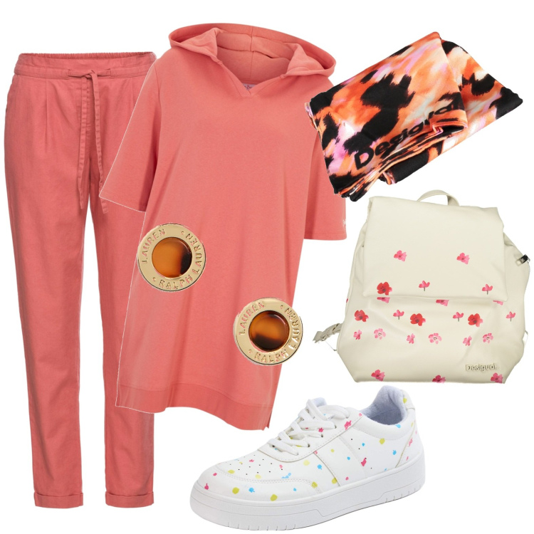 Outfit donna - Tempo libero. Stile Casual per Tutti i giorni. Abbinamento con pantaloni, felpe con cappuccio, sneakers, orecchini, foulard, zaini.